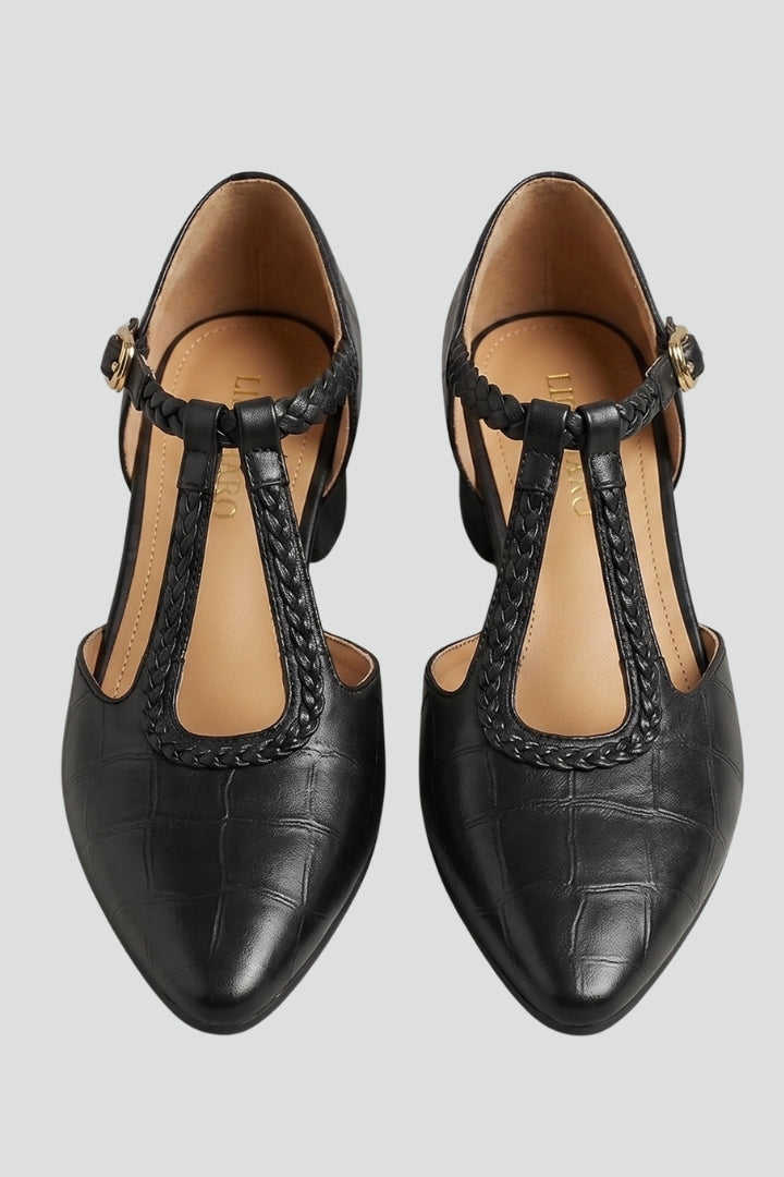 Women's Leather Shoes with T Strap and Buckle