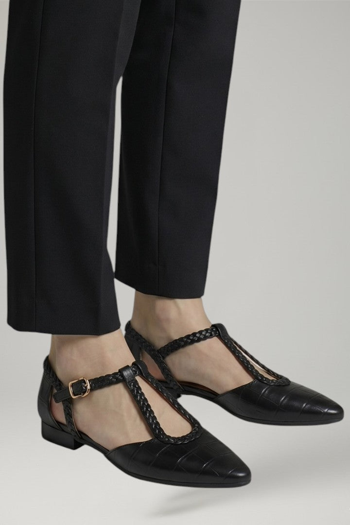 Women's Leather Shoes with T Strap and Buckle